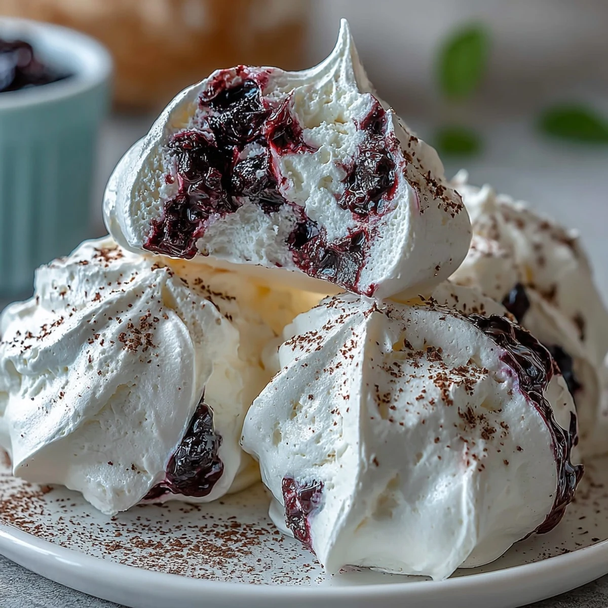 Freshly baked Black Currant Meringues cooling on a wire rack, ready to be served with coffee or tea.