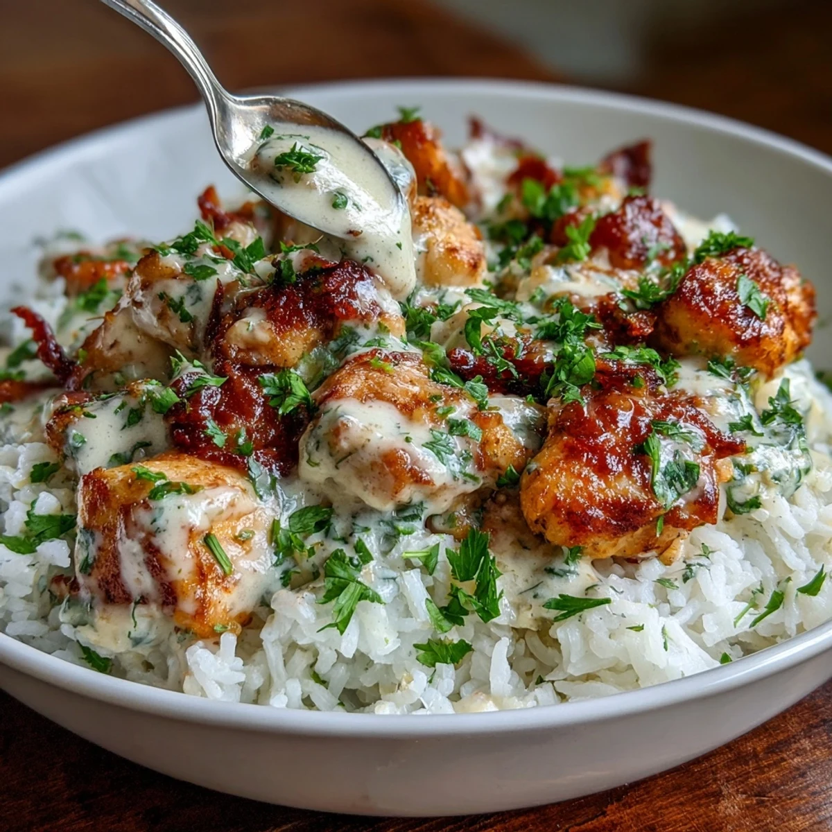 Golden-brown diced chicken simmering in a creamy coconut sauce inside a skillet, spooned over fluffy white rice in a Coconut Chicken Rice Bowl, garnished with fresh green cilantro.