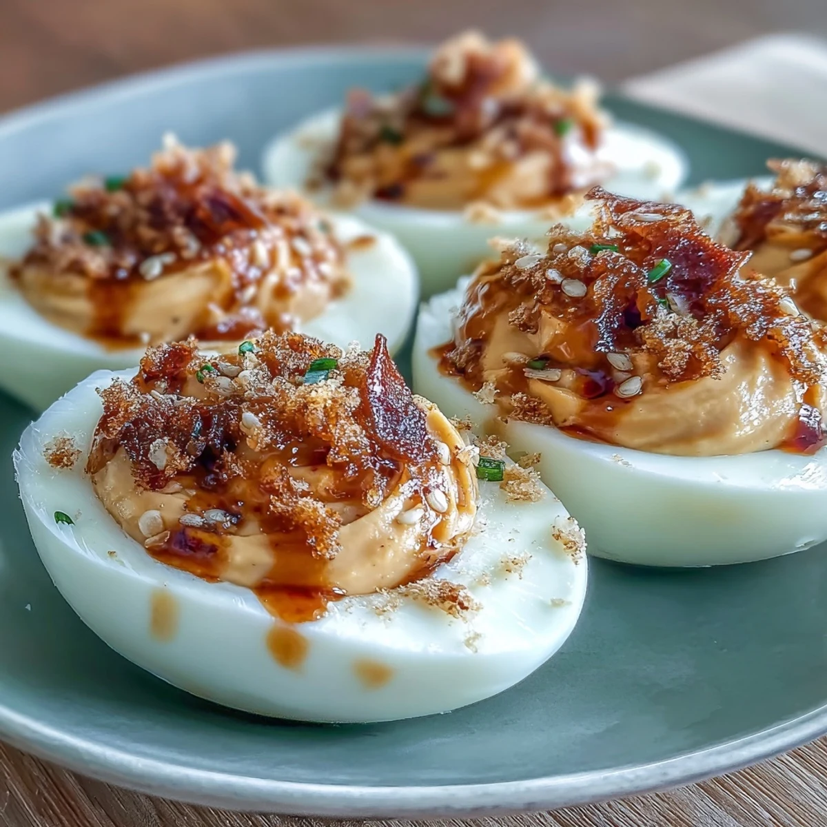 Spicy Chili Garlic Deviled Eggs topped with chili crisp, sesame seeds, and fresh cilantro on a rustic table.