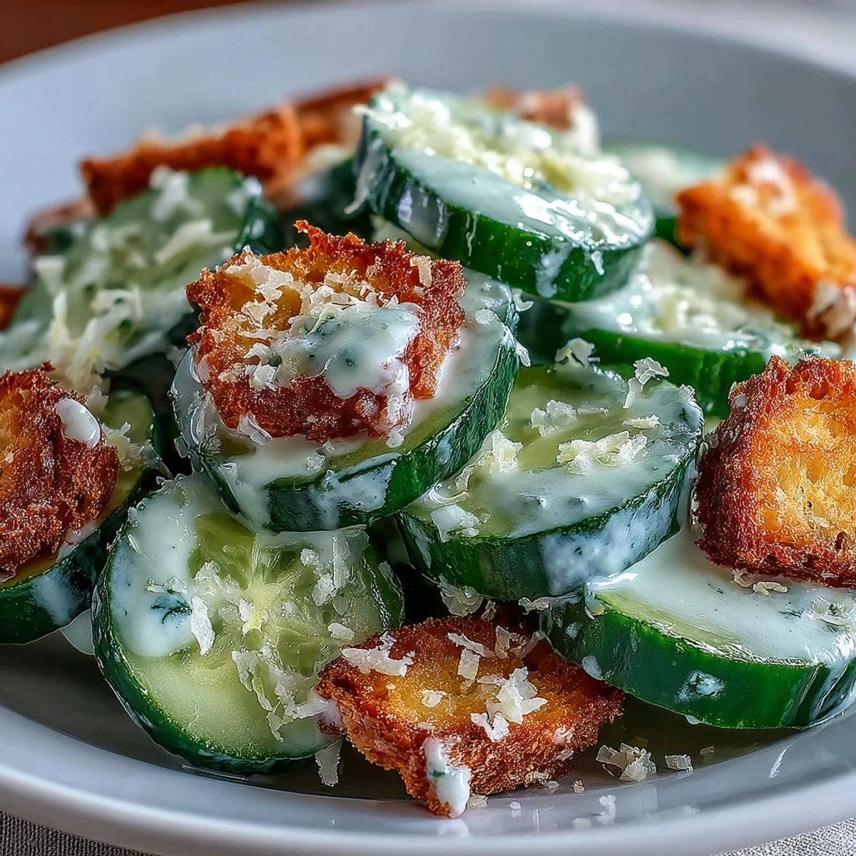 Cucumber Caesar Salad served in a white bowl with extra cheese and herbs.