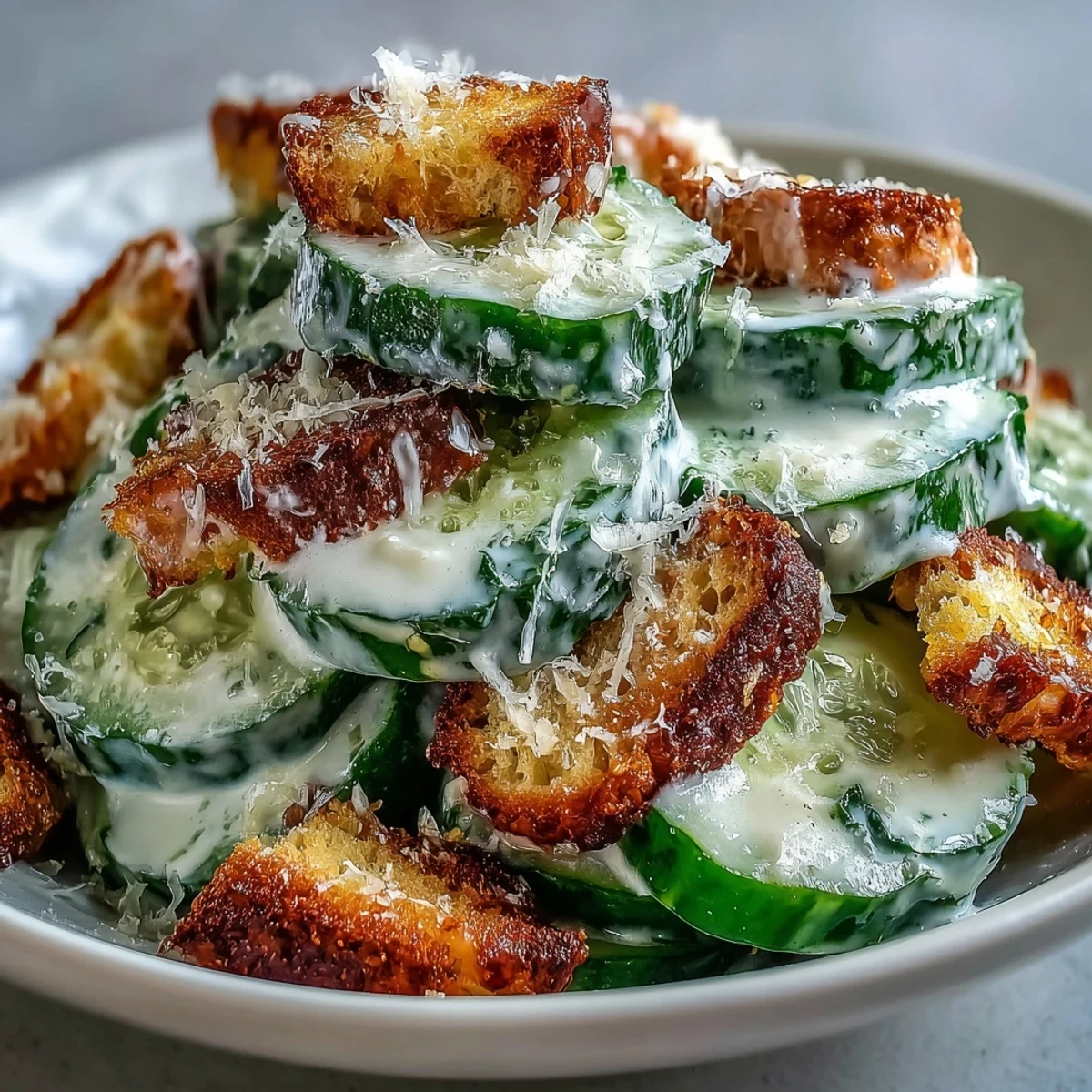 Light vegetarian Cucumber Caesar Salad recipe with crunchy croutons, tangy dressing, and fresh cucumbers.