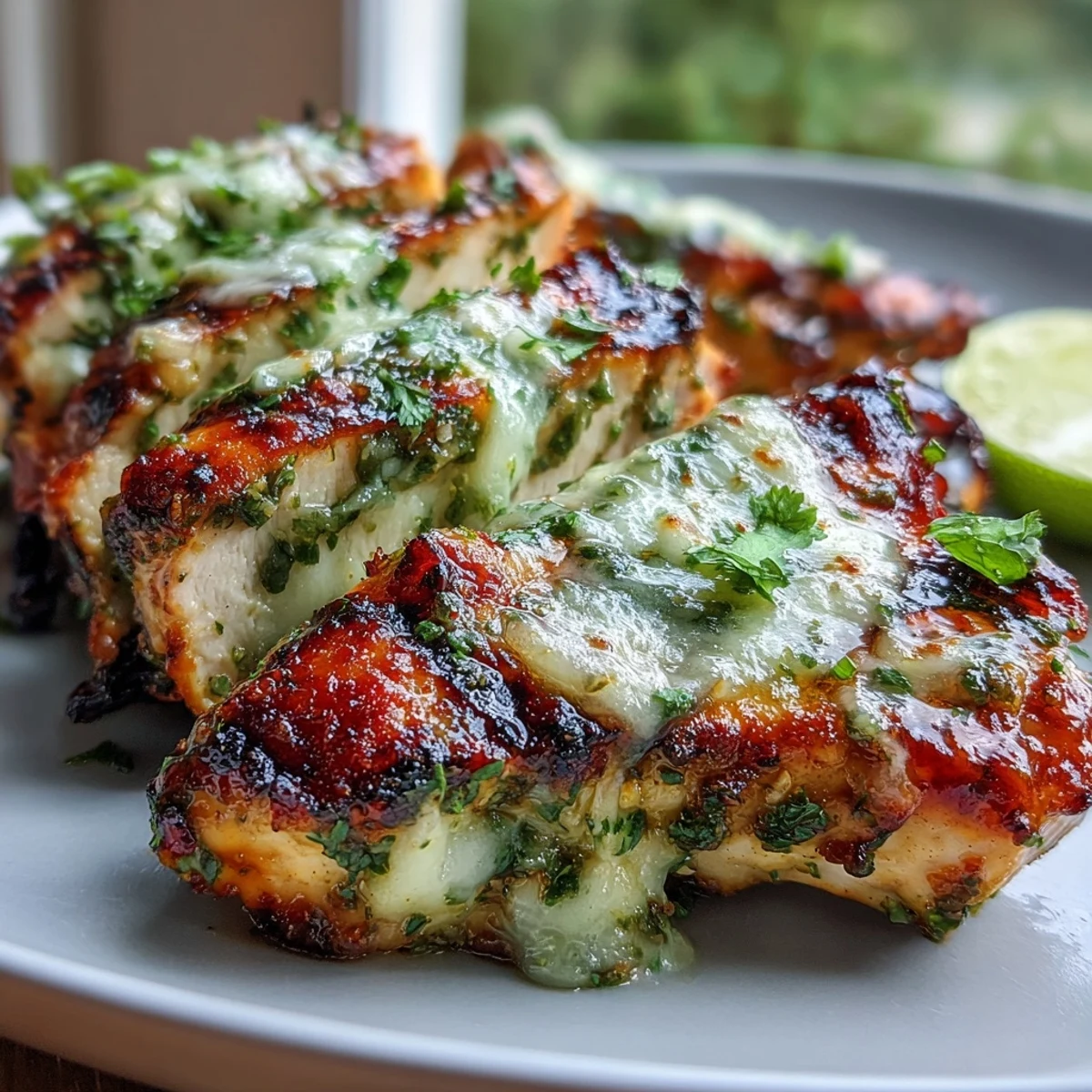 Grilled Salsa Verde Pepper Jack Chicken breasts topped with creamy, bubbling cheese, fresh cilantro, and lime wedges on a rustic platter.