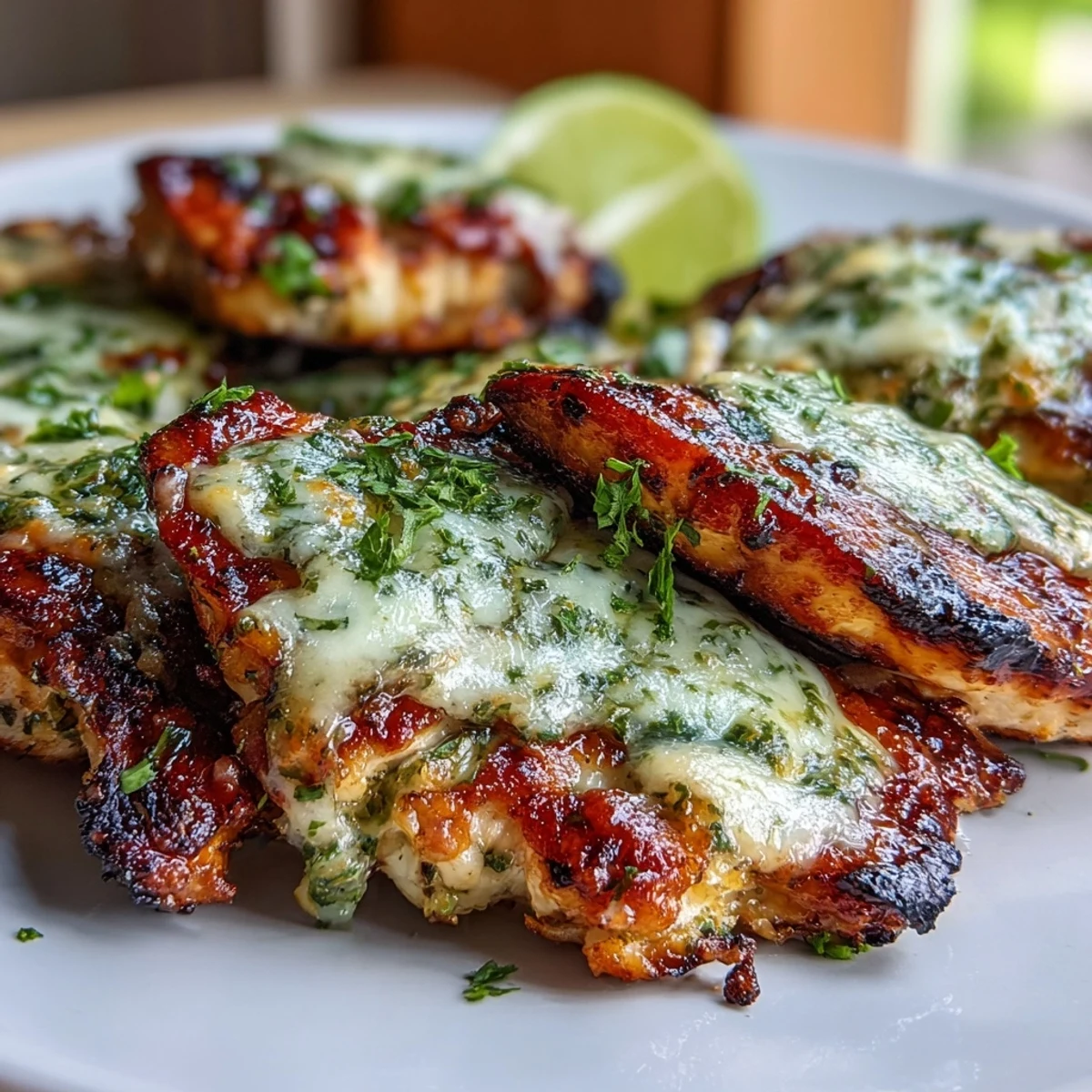 Sizzling Grilled Salsa Verde Pepper Jack Chicken served warm, garnished with cilantro and extra lime, ready for a vibrant Tex-Mex meal.