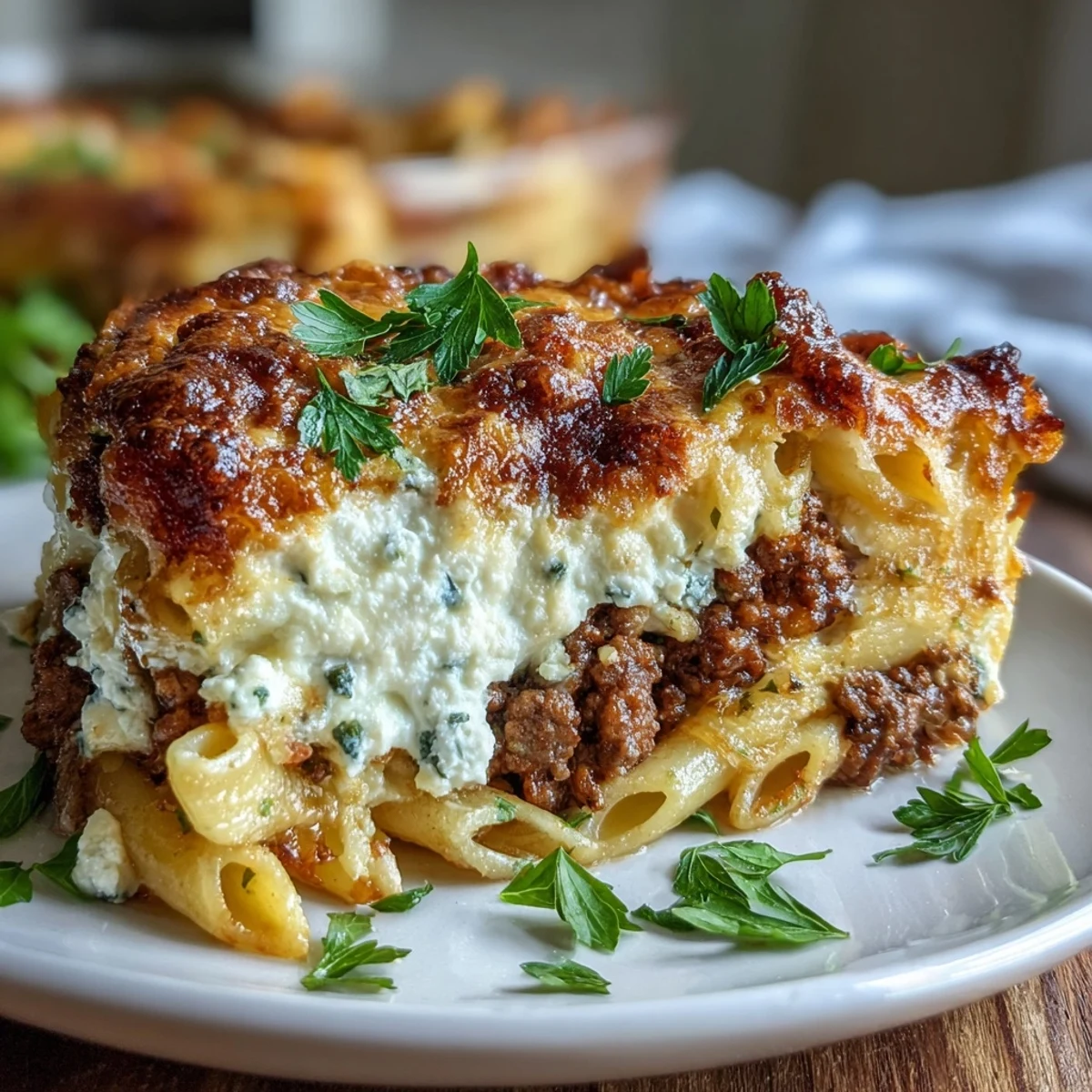 A close-up shot shows creamy cottage cheese blend and marinara sauce coating whole wheat penne and savory ground beef in a baking dish.