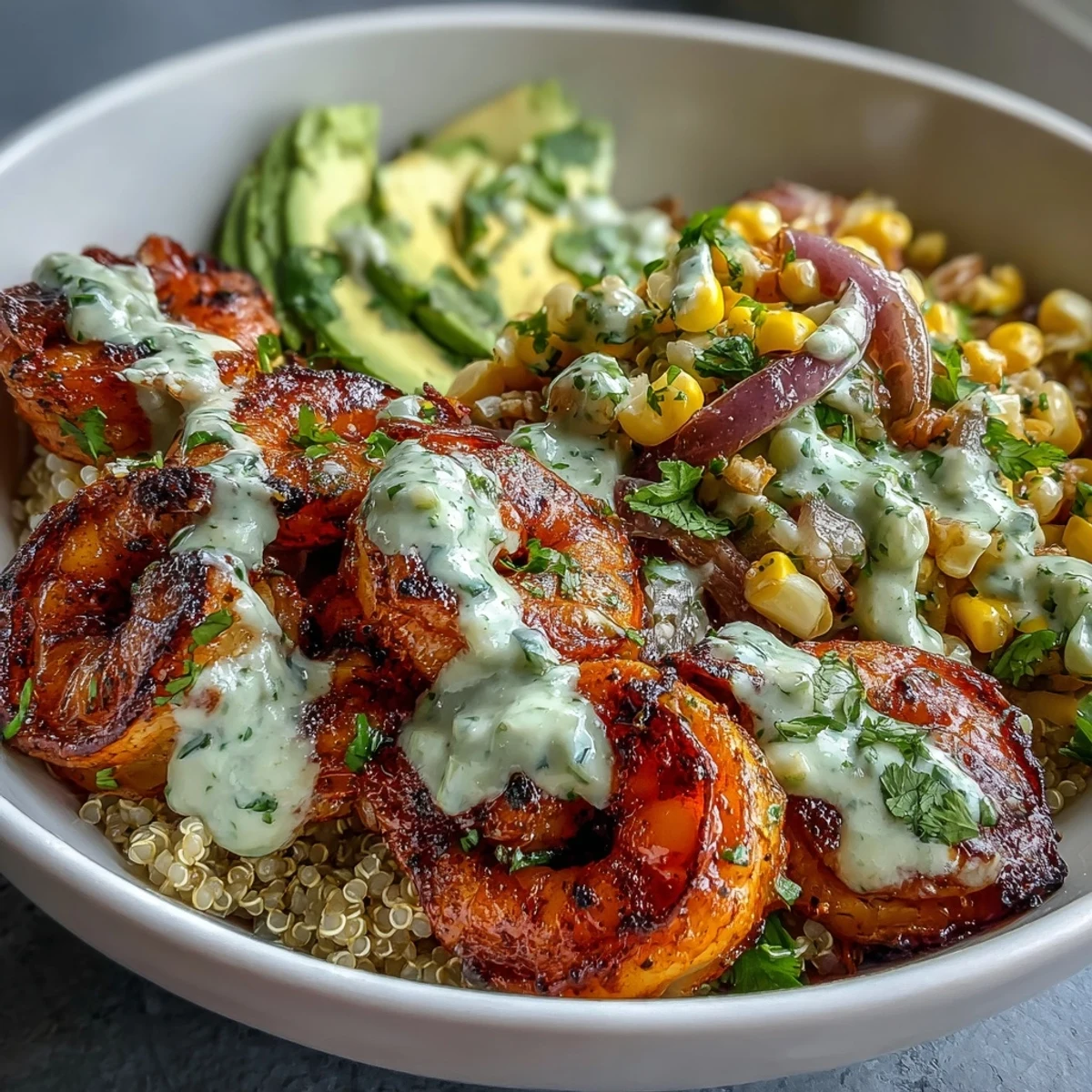 Grilled Shrimp Bowl with avocado and corn salsa topped with creamy garlic sauce, served over fluffy rice for a vibrant meal.