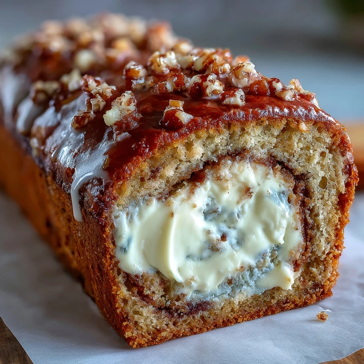 Slices of Cream Cheese Cinnamon Swirl Protein Loaf served on a rustic plate with a banana garnish.