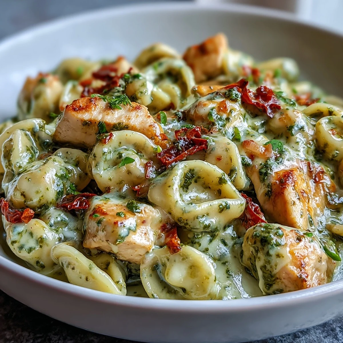 Steaming bowls of Pesto Chicken Chili Mac topped with melted mozzarella and fresh basil.