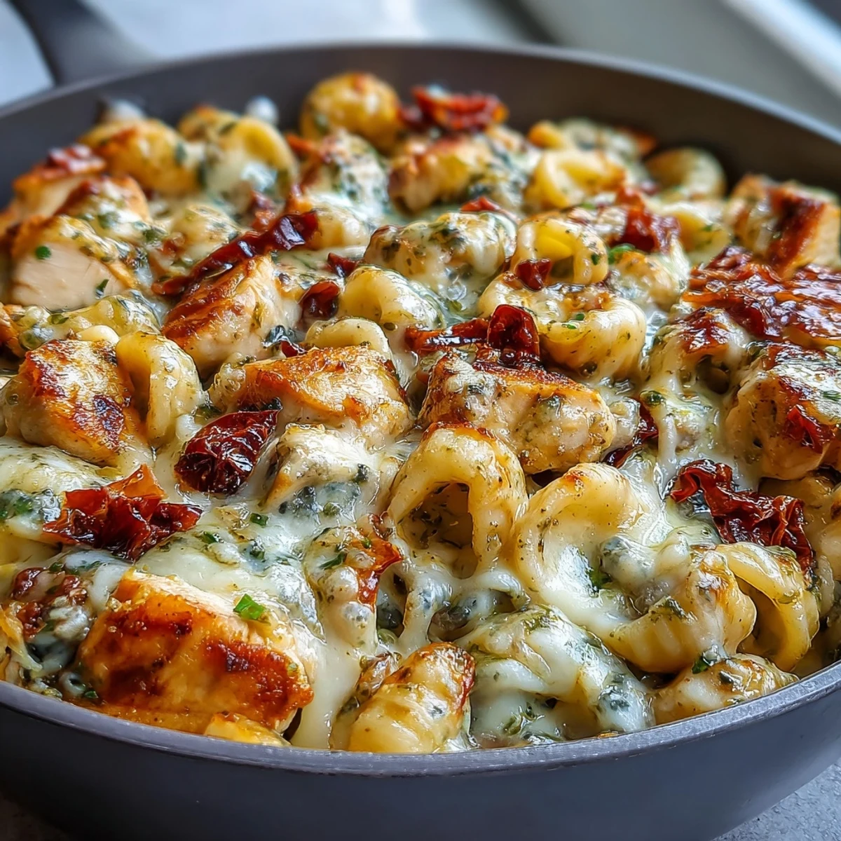 Sizzling skillet of Pesto Chicken Chili Mac served alongside crisp salad and white wine.