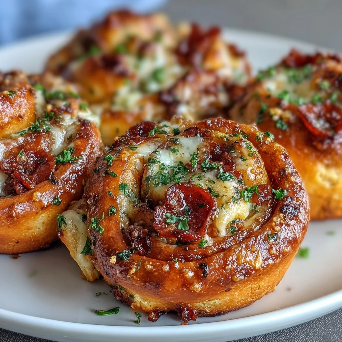 Freshly baked Pizza Roll Stuffed Garlic Knots, golden and fluffy with melted cheese peeking out, arranged on a dark platter.