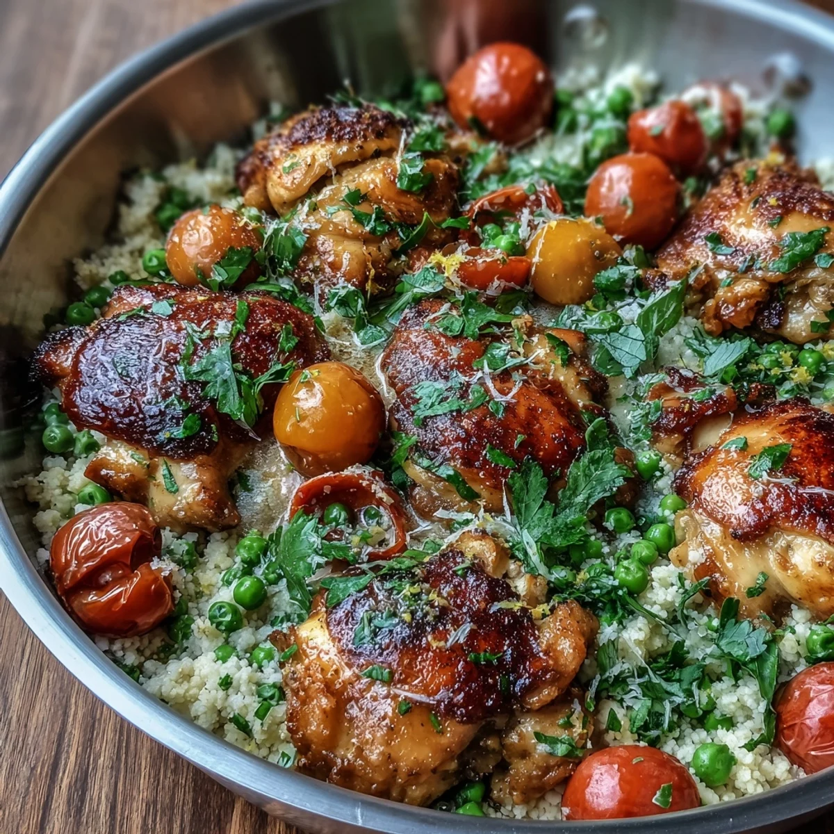 Golden-brown seared chicken breasts rest on a bed of fluffy One-Pan Garlic Butter Chicken Couscous.