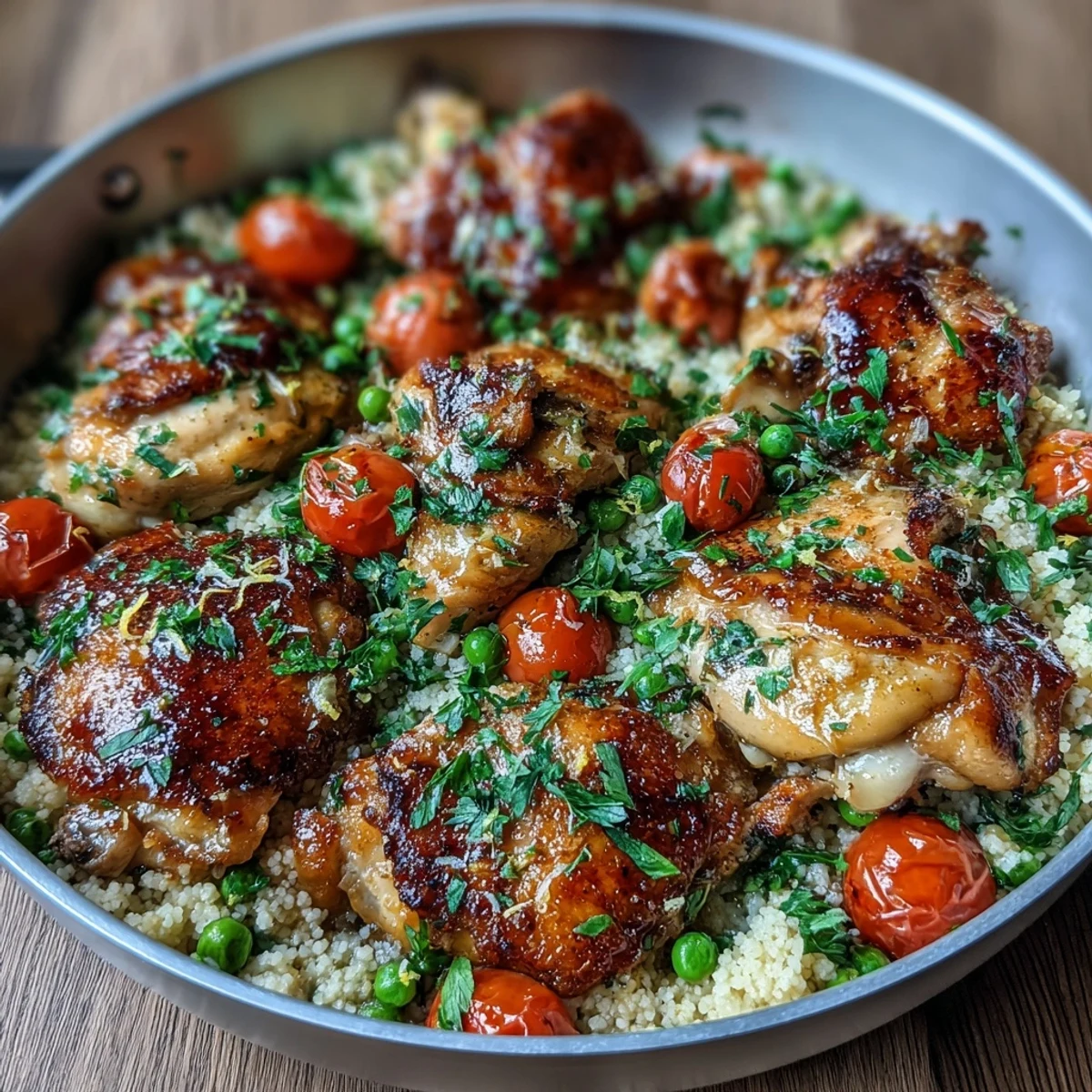 Juicy chicken slices sit atop couscous with peas and tomatoes for One-Pan Garlic Butter Chicken Couscous.