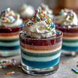 Colorful rainbow Jello cups with bright red, orange, yellow, green, blue, and purple layers topped with fluffy whipped cream and rainbow sprinkles.