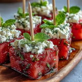 Refreshing watermelon feta bites on toothpicks, a colorful summer appetizer.