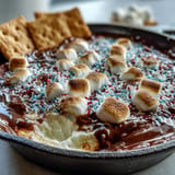 Festive 3-ingredient 4th of July S'mores Dip, bubbling and golden brown in skillet.