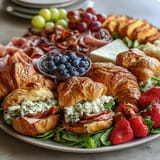 Artfully arranged savory breakfast grazing board with stacked mini croissant sandwiches.