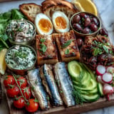 Arranged Tinned Fish Brunch Board: Deliciously diverse seafood, soft jammy eggs, and rustic bread.