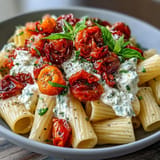 Tangy whipped feta pasta tossed with sweet, blistered tomatoes on a plate.