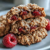 Soft Raspberry Oat Breakfast Cookies cooling on a rustic wire rack.