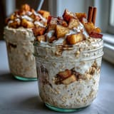 Make-ahead Apple Pie Overnight Oats featuring tender diced apples, ready for a quick morning meal.