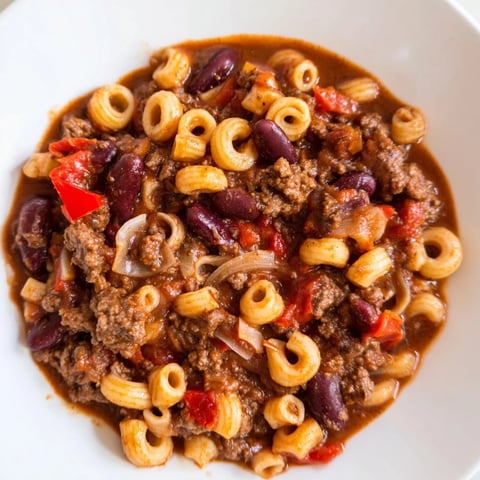 One-Pot Ditalini with Hot Cocoa Chili, a hearty meal of pasta, beef, and spicy chocolate.
