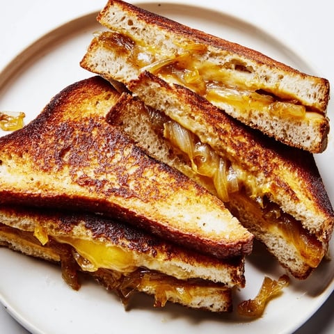 Golden brown caramelized onion and Gruyère grilled cheese, perfectly melted and ready to enjoy now.