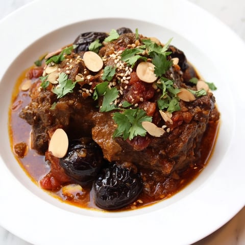 Fragrant Moroccan lamb tagine with prunes and almonds, rich stew served with fluffy couscous.