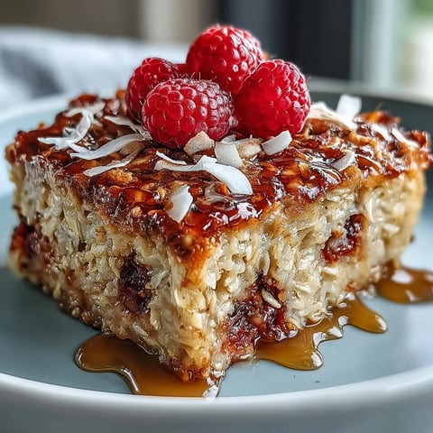 Golden-brown Baked Oatmeal with Raspberry and Coconut topped with fresh berries and toasted flakes.