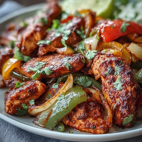 Golden-brown strips of Easy Chicken Fajitas sizzling alongside vibrant sautéed peppers and onions in a cast iron pan.
