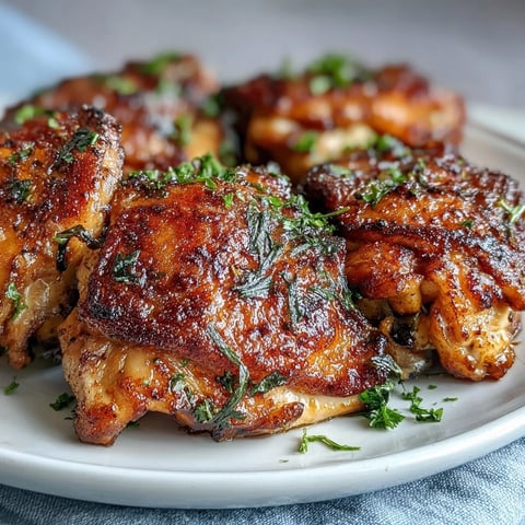Perfectly baked Crispy Baked Bone-In Chicken Thighs with golden crackling skin served beside fresh lemon wedges.