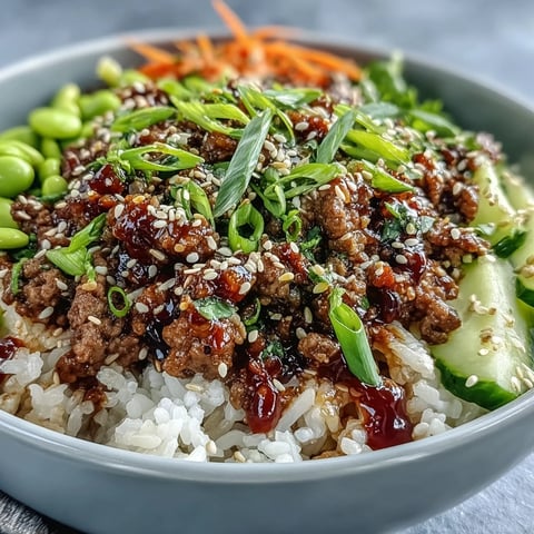 Bright red gochujang beef, white rice, green edamame, crisp cucumber, and red carrot topped with kimchi and sesame seeds in a Korean Ground Beef Bowl.