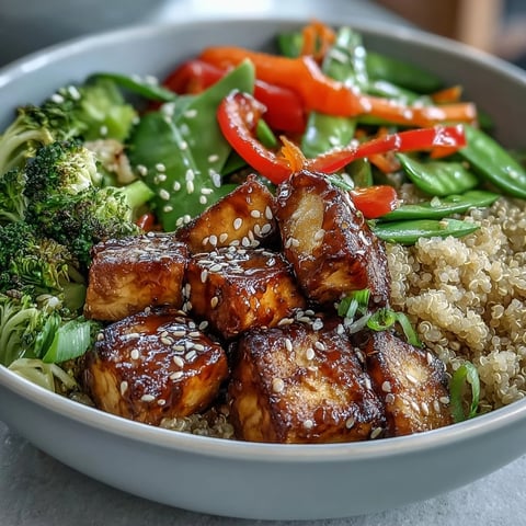 Crispy tofu cubes and vibrant broccoli florets atop fluffy quinoa, all tossed in a glossy homemade teriyaki sauce for a healthy vegan dinner.