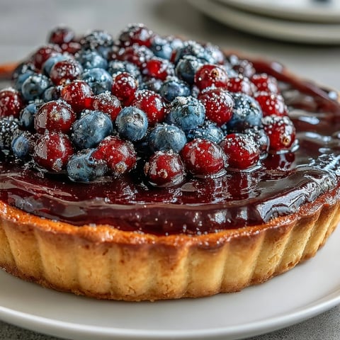 Freshly baked Black Currant Fruit Tart with a golden buttery crust and a glossy, deep purple curd filling.