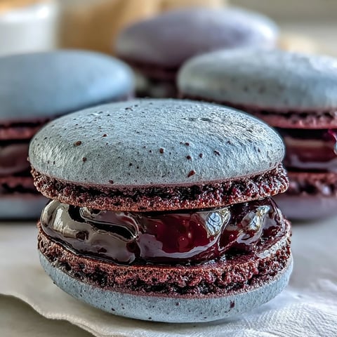 Vivid purple Black Currant Macarons are arranged in a neat row, featuring crisp shells and a glossy blackcurrant ganache filling.