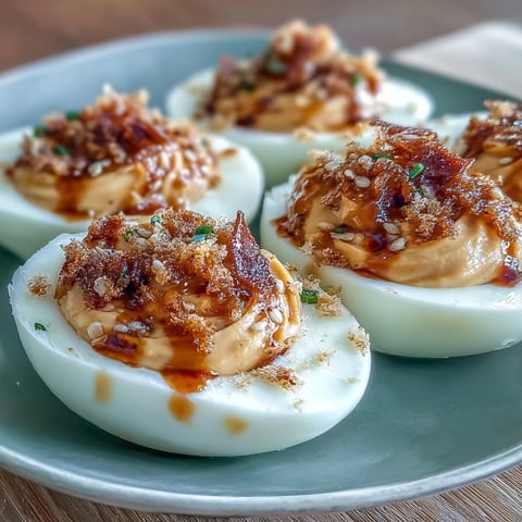 Spicy Chili Garlic Deviled Eggs topped with chili crisp, sesame seeds, and fresh cilantro on a rustic table.