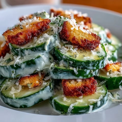 Freshly sliced English cucumber tossed in creamy homemade Caesar dressing with croutons and Parmesan.