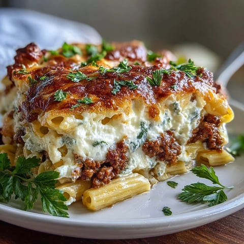 Golden, bubbly mozzarella and Parmesan cheese melted over a hearty Cottage Cheese Protein Pasta Bake with Ground Beef, served fresh from the oven.