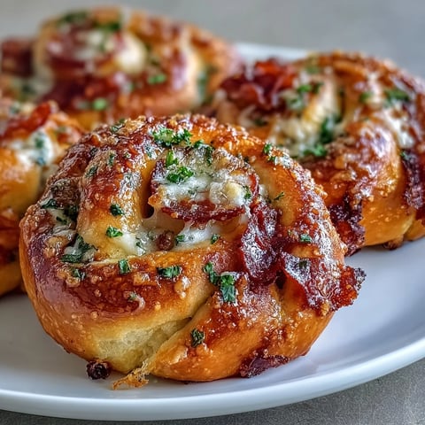Golden-baked Pizza Roll Stuffed Garlic Knots, brushed with garlic butter, served warm and ready to dip in marinara sauce.