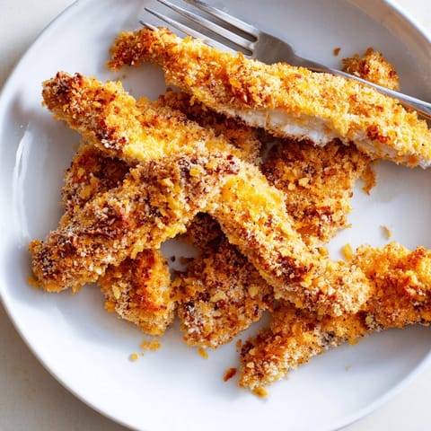 Juicy crispy baked chicken tenders served hot with crunchy breading, perfect for family dinner.