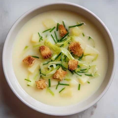 Warm, aromatic Quick & Simple Potato and Leek Soup topped with fresh chives, ready to eat.