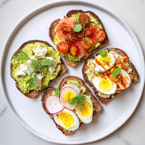 Slices of sourdough loaded with avocado toast variations, each boasting unique, flavorful toppings.