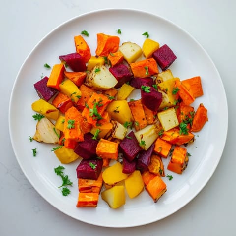 Golden-brown Roasted Root Vegetable Medley glistening with balsamic glaze, a perfect vegetarian side.
