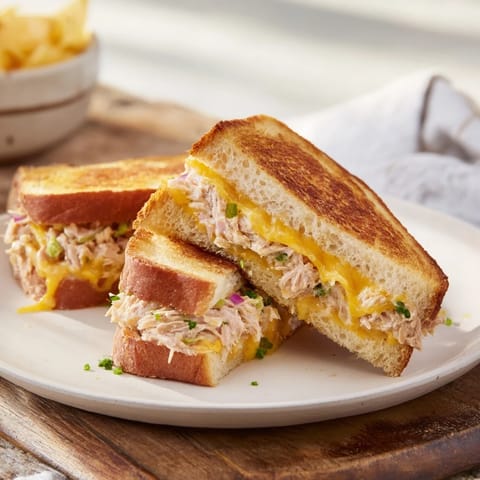 Perfectly browned bread surrounds a cheesy and delicious Classic Tuna Melt Sandwich, ready to enjoy.