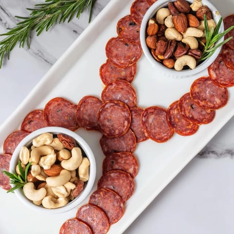 Observe the intriguing Infinity Loop— artfully arranged salami around bowls of nuts, perfect for guests.