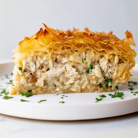 A close-up view shows the flaky phyllo and delicious chicken pasta layers of the cake.