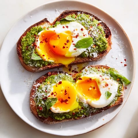 Enjoy a visually appealing plate of pesto egg toast: a delicious brunch featuring fresh basil and warm yolks.