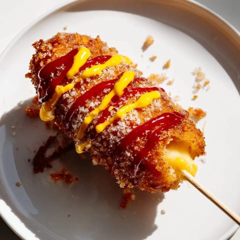 A close-up captures bubbling oil frying delicious, cheesy Korean Corn Dogs ready to be enjoyed.