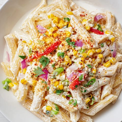 Creamy and delicious Mexican Street Corn Pasta, a flavorful vegetarian side dish, beautifully plated.