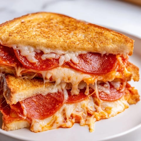 Savory Pizza Grilled Cheese with pepperoni and mozzarella, served hot with marinara for dipping.