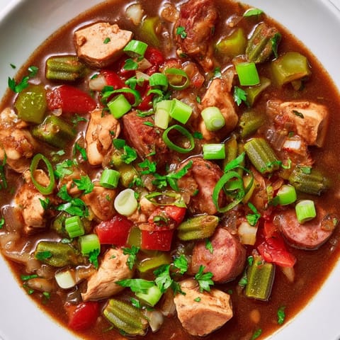 A close-up shot of rich and flavorful Gumbo Okra Soup, garnished with green onions and parsley.