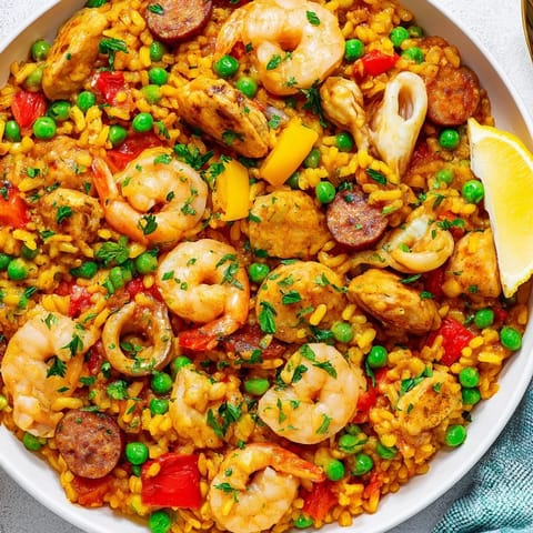 Golden, saffron-infused Paella Spanish Rice brimming with shrimp, mussels, and a smoky chorizo taste.